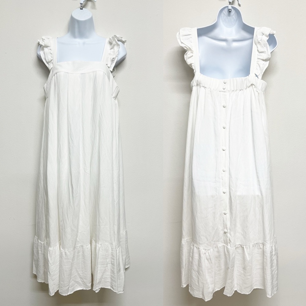 Mable Womens White Linen Boah Ruffle Sleeve Button Up Back Midi Dress Size M - Picture 2 of 8